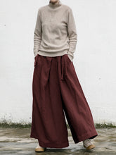 Women Loose Retro Solid Color Wide Leg Casual Pants